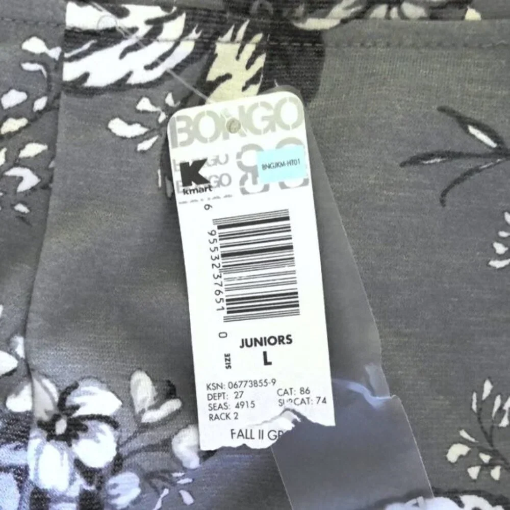 New Bongo Floral Leggings Front Zip Soft Black Gray & White Stretch NWT Sz L